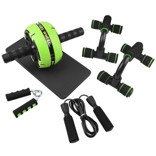 AB Wheel Roller Kit Abdominal Wheel Set with Push-Up Bar Jump Rope Hand Gripper and Knee Pad Home Gym Workout Equipment for Fitness Training